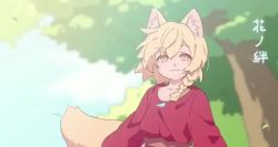 Rule 34 | 1girl, :3, animal ear fluff, animal ears, animal nose, animated, asymmetrical hair, blinking, blonde hair, blue sky, blurry, blurry background, braid, closed mouth, cloud, collarbone, day, female focus, flat chest, fox ears, fox girl, fox tail, happy, japanese text, jpeg artifacts, leaf, linmiu (smilemiku), long sleeves, looking at viewer, looping animation, medium hair, orange eyes, original, outdoors, sash, sidelocks, single braid, sky, slit pupils, smile, solo, standing, tail, translation request, tree, upper body, video, wind