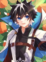 Rule 34 | 1boy, belt, belt buckle, black hair, black shirt, blue cape, blue eyes, brown belt, buckle, cape, charlemagne (fate), chest belt, chinese commentary, commentary request, day, fate/extella, fate/extella link, fate/extra, fate (series), hair between eyes, high belt, highres, looking up, male focus, multicolored hair, open mouth, ribbon trim, shirt, short hair, smile, solo, split mouth, strap, sunlight, two-sided cape, two-sided fabric, two-tone hair, upper body, white cape, white hair, white shirt, xiaochimeishuixing