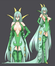Rule 34 | 10s, 1girl, boots, breasts, center opening, cleavage, creatures (company), elbow gloves, emukon, game freak, gen 5 pokemon, gloves, green footwear, green hair, green theme, green thighhighs, hand on own hip, high heel boots, high heels, highres, hip focus, large breasts, long hair, multiple views, nintendo, patterned legwear, personification, pokemon, pokemon bw, print legwear, serperior, shoes, sideboob, smirk, thigh boots, thighhighs, very long hair