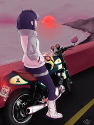 Rule 34 | 1girl, blue hair, boots, denim, denim shorts, from behind, goggles, helmet, high collar, highres, jacket, jitomi monoe, license plate, looking away, motor vehicle, motorcycle, motorcycle helmet, ocean, ramnik5, scenery, self-upload, short hair, shorts, solo, sunset, virtual youtuber, voms, white footwear