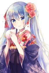 Rule 34 | 1girl, absurdres, animal, blue eyes, blue hair, blue kimono, checkered clothes, checkered kimono, commentary, earrings, english commentary, female focus, floral print, flower, flower earrings, hair flower, hair ornament, hands up, haruta (user dndp3458), hatsune miku, highres, holding, holding animal, japanese clothes, jewelry, kimono, long hair, looking at viewer, matching hair/eyes, mouse (animal), new year, obi, sash, smile, solo, twintails, upper body, very long hair, vocaloid, white background