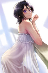 Rule 34 | 1girl, ass, bleach, breasts, camisole, daraz, hair between eyes, highres, kuchiki rukia, long hair, looking at viewer, shinigami, short hair, simple background, small breasts, solo, underwear