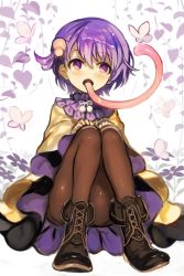 Rule 34 | 1girl, boots, brown pantyhose, bug, butterfly, character request, copyright request, cross-laced footwear, fuepo, hair bobbles, hair ornament, hands on own knees, highres, insect, knees together feet apart, lace-up boots, long tongue, looking to the side, medium hair, pantyhose, purple eyes, purple hair, raised eyebrows, simple background, sitting, solo, tagme, tongue, very long tongue, white background