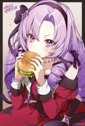 Rule 34 | + +, 1girl, bare shoulders, border, breasts, burger, commentary, dress, drill hair, eating, food, gradient background, headband, highres, holding, holding food, hyakumantenbara salome, hyakumantenbara salome (1st costume), light purple hair, long hair, long sleeves, medium breasts, nijisanji, off-shoulder dress, off shoulder, parted bangs, purple eyes, purple headband, red dress, signature, simple background, solo, sparkle, translation request, upper body, virtual youtuber, yellow background, yomo (rb crr)