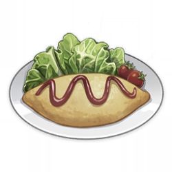 Rule 34 | artist request, cherry tomato, commentary, english commentary, food, food focus, game cg, genshin impact, ketchup, lettuce, lowres, muted color, no humans, official art, omelet, omurice, plate, simple background, still life, third-party source, tomato, transparent background