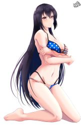 Rule 34 | 1girl, alternate costume, american flag bikini, american flag print, barefoot, bikini, black hair, breasts, brown eyes, commission, flag print, hachiware (8ware63), highres, kantai collection, large breasts, long hair, multi-strapped bikini, nagato (kancolle), navel, pixiv commission, print bikini, print swimsuit, simple background, solo, swimsuit, very long hair, white background
