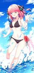 Rule 34 | 1girl, ;d, absurdres, bare legs, barefoot, bikini, black bikini, black ribbon, blue eyes, blue sky, blunt bangs, breasts, cleavage, collarbone, commentary, day, flower, go-toubun no hanayome, hair ribbon, halterneck, hand up, hibiscus, highres, looking at viewer, medium breasts, medium hair, nail polish, nakano nino, navel, one eye closed, open mouth, outdoors, pink hair, profnote, red flower, ribbon, side-tie bikini bottom, sky, smile, solo, standing, standing on one leg, stomach, string bikini, swimsuit, two side up, wading, water, wristband