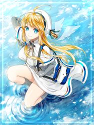 Rule 34 | 1girl, ahoge, angel wings, arm behind back, bag, blonde hair, blue eyes, breasts, capelet, collared shirt, cross hair ornament, elbow gloves, fingerless gloves, gloves, grey gloves, grey ribbon, grey socks, hair ornament, hair ribbon, hair tubes, hairclip, highres, holding, holding bag, kneehighs, large breasts, long hair, looking at viewer, original, ribbon, ripples, satchel, shirt, skirt, smile, socks, solo, squatting, striped ribbon, thighs, tokki, water surface, white shirt, white skirt, wings