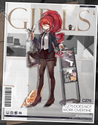 Rule 34 | 1girl, artist request, bag, black footwear, black pantyhose, black skirt, blue jacket, blue necktie, blush, breasts, brown choker, cat, character name, chocolate, choker, closed mouth, commentary, copyright name, cz75 (cz75 does not work overtime) (girls&#039; frontline), cz75 (girls&#039; frontline), cz 75, english commentary, english text, food, formal, full body, girls&#039; frontline, glasses, gun, hair ornament, hairclip, handgun, high heels, highres, holding, holding bag, holding chocolate, holding food, holding paper, holster, id card, jacket, long hair, looking at viewer, necktie, office lady, official alternate costume, official art, open clothes, open jacket, orange cat, pantyhose, paper, pistol, ponytail, promotional art, red eyes, red hair, shirt, skirt, skirt suit, small breasts, solo, standing, suit, weapon, white shirt
