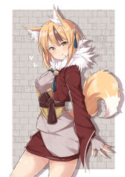 Rule 34 | 1girl, animal ears, blonde hair, blush, brick wall, brown hair, cowboy shot, fingerless gloves, fire emblem, fire emblem fates, fox ears, fur trim, gloves, heart, japanese clothes, jiino, long sleeves, looking at viewer, multicolored hair, nintendo, selkie (fire emblem), sidelocks, smile, solo, streaked hair, tail, tongue, tongue out, wide sleeves, yellow eyes