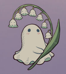 Rule 34 | 1other, blush, flower, ghost, grey background, highres, holding, holding flower, leaf, lily of the valley, no mouth, no nose, original, other focus, passionpeachy, plant, solid circle eyes