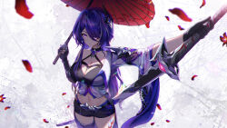 Rule 34 | 1girl, absurdres, acheron (honkai: star rail), bad arm, black gloves, black shorts, breasts, commentary, cowboy shot, crop top, flower, gloves, hair ornament, highres, holding, holding sword, holding umbrella, holding weapon, honkai: star rail, honkai (series), katana, large breasts, leg tattoo, long hair, midriff, navel, petals, purple eyes, purple hair, red flower, red umbrella, scabbard, sheath, short shorts, shorts, single bare shoulder, solo, standing, stomach, sword, tattoo, umbrella, unsheathing, very long hair, weapon, z1zq