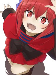 Rule 34 | 1girl, :d, arm up, black shirt, blue bow, blush, boots, bow, brown footwear, cape, commentary request, from above, hair between eyes, hair bow, high collar, highres, long sleeves, looking at viewer, miniskirt, open mouth, pleated skirt, red cape, red eyes, red hair, red skirt, sekibanki, shirt, short hair, simple background, skirt, smile, solo, standing, thighs, touhou, tyouseki, white background