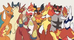 Rule 34 | animal focus, arm up, blaziken, blue eyes, charizard, cinderace, claws, colored sclera, creatures (company), crossed arms, delphox, dragon, emboar, everyone, fangs, fiery tail, furry, game freak, gen 1 pokemon, gen 2 pokemon, gen 3 pokemon, gen 4 pokemon, gen 5 pokemon, gen 6 pokemon, gen 8 pokemon, grey background, grin, infernape, kiirono, looking at viewer, nintendo, no humans, one eye closed, open mouth, pokemon, pokemon (creature), red eyes, sharp teeth, signature, simple background, smile, sweat, tail, teeth, tusks, typhlosion, yellow sclera