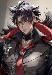 Rule 34 | 1boy, bishounen, black choker, black hair, black jacket, black shirt, cape, choker, collared shirt, commentary request, earrings, fur-trimmed cape, fur trim, genshin impact, grey background, grey eyes, grey vest, highres, jacket, jewelry, light brown background, lj6v6, male focus, multicolored background, multicolored hair, necktie, parted lips, pectorals, red cape, red necktie, shirt, short hair, solo, stud earrings, teeth, vest, white hair, wriothesley (genshin impact)