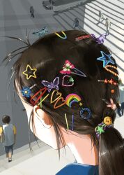 Rule 34 | 1girl, absurdres, brown hair, butterfly hair ornament, flower hairpin, from above, from behind, hair ornament, hairpin, heart, heart hair ornament, highres, long hair, lucarios, multiple hairpins, original, ponytail, rainbow hair ornament, smile emoji, solo focus, star (symbol), star hair ornament, too many hairclips