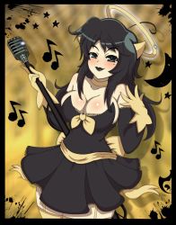 Rule 34 | 1boy, 1girl, alice (bendy and the ink machine), angel, bendy, bendy and the ink machine, black eyes, black hair, breasts, collarbone, gloves, halo, horns, large breasts, long hair, looking at viewer, mairusu-paua, microphone, moon, musical note, note, smile, star (symbol)