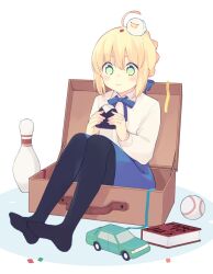 Rule 34 | 1girl, 87banana, artoria pendragon (all), artoria pendragon (fate), baseball, black pantyhose, blonde hair, book, bowling pin, closed mouth, commentary request, eating, fate/stay night, fate (series), full body, green eyes, no shoes, pantyhose, saber (fate), sitting, suitcase, toy car, translation request