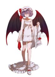 Rule 34 | 1girl, bare shoulders, blue hair, bobby socks, bow, breasts, commission, demon wings, dress, expressionless, footwear bow, full body, hat, highres, holding, holding clothes, looking at viewer, machihazure, mary janes, mob cap, nightgown, red eyes, remilia scarlet, shoes, short hair, simple background, small breasts, socks, solo, strap slip, touhou, unworn dress, white background, white nightgown, wings
