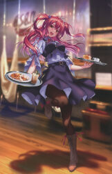 Rule 34 | 1girl, absurdres, blurry, blurry background, blush, boots, breasts, brown eyes, cake, cake slice, cross-laced footwear, dual wielding, food, full body, hair ornament, hanikami kanojo, highres, hinoura nanaka, holding, holding tray, indoors, lace-up boots, leg up, long hair, looking at viewer, medium breasts, open mouth, pancake, pantyhose, piromizu, puffy sleeves, red hair, scan, shadow, short sleeves, simple background, skirt, smile, solo, tray, twintails, waitress, wooden floor