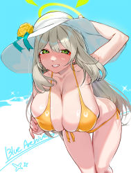 Rule 34 | 1girl, bent over, bikini, blue archive, blush, breasts, cleavage, collarbone, green eyes, grin, hair between eyes, halo, hat, highres, kare huang, large breasts, light brown hair, long hair, looking at viewer, nonomi (blue archive), nonomi (swimsuit) (blue archive), smile, solo, sun hat, swimsuit, white hat, yellow bikini