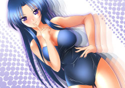 Rule 34 | 00s, 1girl, blue eyes, blue hair, breasts, cleavage, dutch angle, hand on own hip, hip focus, kawashima ami, large breasts, long hair, matching hair/eyes, one-piece swimsuit, solo, swimsuit, taigi akira, toradora!