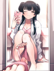 Rule 34 | 1girl, barefoot, black hair, blunt bangs, bra, breasts, brown eyes, cellphone, cleavage, closed mouth, convenient censoring, feet, highres, holding, holding phone, idolmaster, idolmaster shiny colors, legs, light smile, long hair, long sleeves, looking at viewer, mayuzumi fuyuko, medium breasts, mirror, one eye closed, open clothes, open shirt, panties, phone, pink bra, pink panties, reflection, selfie, shirt, signalviolet, soles, solo, toes, two side up, underwear, white shirt