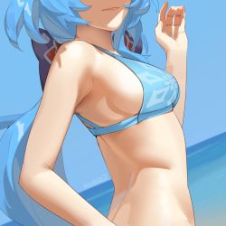 Rule 34 | 1girl, absurdres, artist name, back, bare arms, bare shoulders, bikini, blue bikini, blue hair, blue sky, breasts, closed mouth, day, dutch angle, ganyu (genshin impact), genshin impact, hand up, head out of frame, highres, horizon, lipstick, long hair, low ponytail, makeup, medium breasts, ocean, outdoors, sideboob, sky, smile, solo, swimsuit, upper body, wusie2