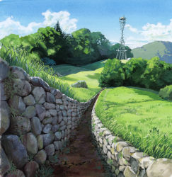 Rule 34 | 1990s (style), absurdres, cloud, day, field, grass, highres, mononoke hime, moss, nature, no humans, path, perspective, road, rock, sakagami umi, scenery, sky, stone wall, studio ghibli, tower, tree, wall