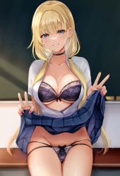 Rule 34 | 1girl, absurdres, barbell piercing, black choker, blonde hair, blue eyes, blue skirt, blush, bow, bow bra, bow panties, bra, breasts, chalkboard, choker, classroom, cleavage, clothes lift, collarbone, commentary request, double v, ear piercing, earrings, grin, groin, gyaru, highres, indoors, industrial piercing, jewelry, lace, lace bra, lace panties, large breasts, lifted by self, long hair, looking at viewer, low twintails, maumen, multi-strapped panties, nail polish, open clothes, open shirt, original, panties, partially unbuttoned, piercing, pink nails, pleated skirt, purple bra, purple panties, shirt, sitting, skindentation, skirt, skirt lift, smile, solo, string panties, twintails, underwear, v, white shirt