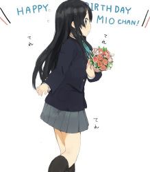Rule 34 | akiyama mio, black eyes, black hair, bouquet, flower, happy birthday, k-on!, long hair, looking back, nasuna, school uniform, solo, white background