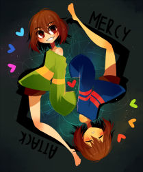 Rule 34 | :o, androgynous, barefoot, blush, blush stickers, brown eyes, brown hair, chara (undertale), closed eyes, english text, eyebrows, frisk (undertale), full body, gender request, grey background, grin, heart, long legs, off shoulder, open mouth, parted lips, projecttiger, rotational symmetry, shorts, simple background, sleeves past wrists, smile, spoilers, striped clothes, striped sweater, sweater, teeth, undertale