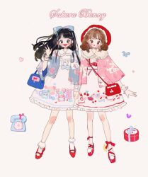 Rule 34 | 2girls, :o, animal print, antique phone, bag, ballet slippers, bear print, black eyes, black hair, blue bow, blue eyes, blue jacket, blush stickers, bow, bow bra, bow legwear, bra, brown eyes, brown hair, bug, butterfly, buttons, cake print, cat print, center frills, cherry blossom print, cherry print, collar, collared dress, cross-laced footwear, dress, english text, eyelashes, floral print, food print, frilled collar, frilled dress, frilled hat, frilled socks, frills, full body, gift, gloves, hair bow, hair lift, hand up, hat, heart, heart print, highres, holding hands, ice cream print, insect, jacket, lolita fashion, long hair, long sleeves, mary janes, medium hair, multiple girls, open mouth, original, pink bow, pink jacket, pom pom (clothes), purple bracelet, purple butterfly, putong xiao gou, rabbit print, red bag, red bow, red footwear, red headwear, red lips, shoes, short dress, shoulder bag, sidelocks, smile, socks, straight-on, sweet lolita, teeth, underwear, upper teeth only, waving, white background, white collar, white dress, white gloves, white socks, white wrist cuffs, wide sleeves, wrist cuffs
