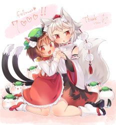 Rule 34 | 2girls, :3, :d, animal, animal ear fluff, animal ears, animalization, bridal gauntlets, brown hair, cat, cat ears, cat tail, chen, chen (cat), commentary request, detached sleeves, earrings, fang, frilled skirt, frills, full body, hat, highres, holding hands, ibaraki natou, inubashiri momiji, jewelry, kneeling, mary janes, mob cap, multiple girls, multiple tails, open mouth, orange eyes, red footwear, sandals, shirt, shoes, short hair, single earring, skirt, smile, socks, tabi, tail, tokin hat, touhou, two tails, vest, white hair, white socks, wide sleeves, wolf ears, wolf tail