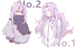 Rule 34 | 2boys, black capelet, blood, blood on clothes, capelet, chinese commentary, closed eyes, closed mouth, colored eyelashes, commentary request, grey shirt, hair between eyes, hair intakes, hatsutori hajime, highres, long hair, long sleeves, male focus, multiple boys, nijou ryuu, parted bangs, patchwork skin, pink hair, red eyes, saibou shinkyoku, shirt, short hair with long locks, simple background, smile, torn capelet, torn clothes, uneven eyes, upper body, white background, white shirt, yin rouhi