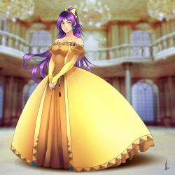 Rule 34 | 1girl, aqua eyes, bare shoulders, blue eyes, blurry, blurry background, bow, closed mouth, dress, faris scherwiz, final fantasy, final fantasy v, full body, gown, hair bow, high ponytail, highres, jewelry, long hair, necklace, ponytail, princess, sarisa highwind tycoon, signature, solo, v arms, very long hair, yellow bow, yellow dress