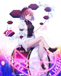 Rule 34 | 1girl, arm strap, arm support, bad id, bad twitter id, bare legs, belt, black belt, black footwear, black shirt, blush, boots, breasts, coat, commentary request, crossed legs, drum, eighth note, electricity, full body, high heel boots, high heels, highres, horikawa raiko, instrument, juliet sleeves, koto seori, long sleeves, looking at viewer, magic circle, medium breasts, miniskirt, musical note, necktie, open clothes, open coat, parted lips, pencil skirt, puffy sleeves, purple necktie, red eyes, red hair, shirt, short hair, side slit, sitting, skirt, solo, taiko drum, thighs, touhou, white background, white coat, white skirt