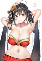 Rule 34 | 1girl, absurdres, adapted costume, ahoge, armpits, arms behind head, azur lane, bad id, bad twitter id, bare shoulders, bikini, black hair, blush, breasts, cleavage, collarbone, groin, hair between eyes, hair ornament, hair ribbon, heart, highres, huge breasts, large breasts, long hair, looking at viewer, mask, mask on head, miniskirt, navel, pleated skirt, red eyes, red ribbon, red skirt, ribbon, shiny skin, sidelocks, simple background, skindentation, skirt, smile, solo, stomach, striped ribbon, swimsuit, taihou (azur lane), twintails, very long hair, white background, yayoichi (yoruyoru108)