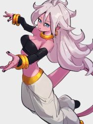 Rule 34 | 1girl, android 21, black sleeves, blue eyes, bracelet, breasts, choker, cleavage, colored skin, detached sleeves, dragon ball, dragon ball fighterz, earrings, grey background, hair between eyes, hoop earrings, jewelry, kemachiku, long hair, majin android 21, medium breasts, midriff, open mouth, pink skin, simple background, solo, tail, white hair, yellow choker