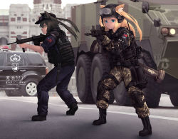 Rule 34 | 2girls, animal ears, aqua eyes, armored vehicle, assault rifle, black footwear, black gloves, blonde hair, blue jacket, blue pants, boots, bulletproof vest, camouflage, camouflage jacket, camouflage pants, car, chinese commentary, chinese text, combat helmet, commentary request, ears through headwear, eyewear on headwear, fang zhenjun, full body, gloves, goggles, goggles on headwear, grey hair, gun, helmet, holding, holding gun, holding weapon, jacket, knee pads, knife, long hair, long sleeves, military, military police, military vehicle, motor vehicle, multiple girls, original, pants, republic of china flag, rifle, rocket launcher, short sleeves, soldier, sports utility vehicle, standing, tactical clothes, translation request, two side up, weapon, weapon request
