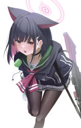 Rule 34 | 1girl, absurdres, animal ears, black choker, black hair, black jacket, black pantyhose, blue archive, blunt bangs, blush, bow, bowtie, bren lmg, brown pantyhose, choker, collarbone, colored inner hair, commentary, food, green sailor collar, gun, hair ornament, hairclip, halo, hands in pockets, highres, hood, hooded jacket, jacket, kazusa (blue archive), light machine gun, long sleeves, looking at viewer, machine gun, multicolored hair, open mouth, pantyhose, pink hair, pleated skirt, red bow, red bowtie, red eyes, sailor collar, short hair, simple background, skirt, solo, standing, standing on one leg, teeth, two-tone hair, weapon, white background, white footwear, white skirt, yako mashiro