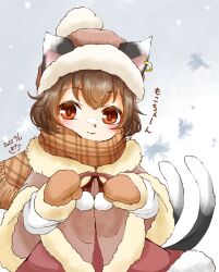 Rule 34 | 1226 waka, 1girl, animal ear piercing, animal ears, blush, brown hair, capelet, cat ears, cat tail, chen, closed mouth, coat, dated, fur-trimmed capelet, fur-trimmed coat, fur-trimmed gloves, fur-trimmed headwear, fur-trimmed skirt, fur-trimmed sleeves, fur trim, gloves, gradient background, grey background, hands up, hat, highres, jewelry, looking at viewer, mittens, multiple tails, nekomata, plaid, plaid scarf, pom pom (clothes), red eyes, red ribbon, ribbon, scarf, simple background, skirt, snow on face, snowflakes, solo, tail, touhou, two tails, upper body
