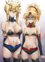 Rule 34 | 2girls, ahoge, arm behind back, artoria pendragon (fate), artoria pendragon (lancer) (fate), bare shoulders, black bra, black shorts, blonde hair, blush, bra, braid, breast envy, breasts, bridal gauntlets, cleavage, closed mouth, collarbone, crown, detached sleeves, fang, fate/apocrypha, fate/grand order, fate (series), french braid, frown, gradient background, green eyes, hair between eyes, hair ornament, hair scrunchie, highres, large breasts, long hair, looking at viewer, mordred (fate), mordred (fate/apocrypha), mother and daughter, multiple girls, navel, parted bangs, ponytail, red scrunchie, revision, scrunchie, shaded face, short shorts, shorts, sidelocks, small breasts, smile, thighs, tonee, underwear, v-shaped eyebrows