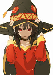 Rule 34 | 10s, 1girl, black hair, blank stare, button eyes, buttons, cape, collar, fingerless gloves, frown, gloves, hands on headwear, hat, holding, holding clothes, holding hat, jitome, kono subarashii sekai ni shukufuku wo!, looking at viewer, megumin, red eyes, red shirt, shirt, short hair, simple background, so-bin, solo, tunic, upper body, white background, witch hat