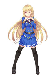 Rule 34 | 1girl, absurdres, belt, black footwear, black thighhighs, blonde hair, blue jacket, blue skirt, floating hair, full body, highres, jacket, lili avl, long hair, looking at viewer, magical phose prism girl, military, military uniform, miniskirt, neck ribbon, pleated skirt, red eyes, red ribbon, ribbon, shiny clothes, shiny skin, shirt, shoes, simple background, skirt, smile, solo, standing, thighhighs, uniform, very long hair, white background, white shirt, zettai ryouiki