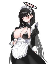 Rule 34 | 1girl, alternate costume, apron, black dress, black hair, blue archive, blush, breasts, cleavage, closed mouth, collared dress, dress, enmaided, fried bocky, frilled apron, frills, hair ornament, hairpin, halo, hand on own hip, highres, juliet sleeves, large breasts, long hair, long sleeves, maid, maid apron, maid headdress, puffy sleeves, red eyes, rio (blue archive), simple background, solo, waist apron, white apron, white background