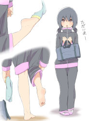 Rule 34 | 1girl, bad id, bad pixiv id, bag, barefoot, black hair, blush, brown eyes, commentary, feet, jacket, multiple views, original, removing sock, salpin, school bag, soles, sweat, track jacket, track suit, translated, twintails, white background