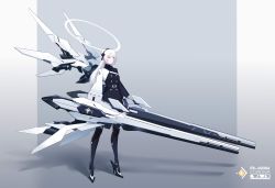 Rule 34 | 1girl, absurdres, asymmetrical clothes, belt, cannon, full body, grey eyes, hairband, halo, high heels, highres, huge weapon, jhcrow3, long hair, mecha musume, mechanical wings, original, simple background, solo, standing, weapon, white hair, wings