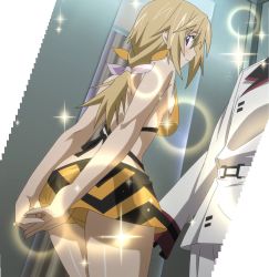 Rule 34 | 10s, ass, bikini, blonde hair, charlotte dunois, fitting room, highres, infinite stratos, looking back, ponytail, swimsuit, upskirt