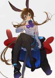 Rule 34 | 1girl, amiya (arknights), animal ears, ankle strap, arknights, ascot, black footwear, black jacket, black pantyhose, blue eyes, blue skirt, breasts, brown hair, choker, closed mouth, commentary request, full body, hair between eyes, highres, hood, hooded jacket, infection monitor (arknights), jacket, unworn jacket, jewelry, long hair, long sleeves, looking at viewer, miniskirt, multiple rings, neck ring, pantyhose, plaid, plaid skirt, pleated skirt, rabbit girl, ring, shoes, sidelocks, sitting, skirt, small breasts, smile, solo, sta starry, sweater, thumb ring, very long hair, w, white sweater